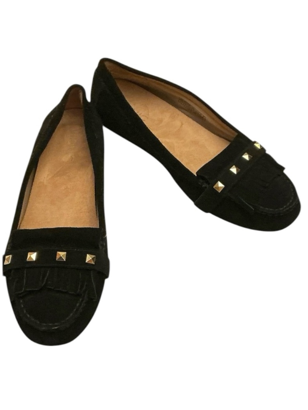 VIONIC Thera Black Suede Loafer Flats Size 10W Fringe and Stud Detailing Slip on